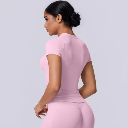 Nahtloses Funktionsshirt für Damen in hellem Pink, Rückansicht, Kurzarm