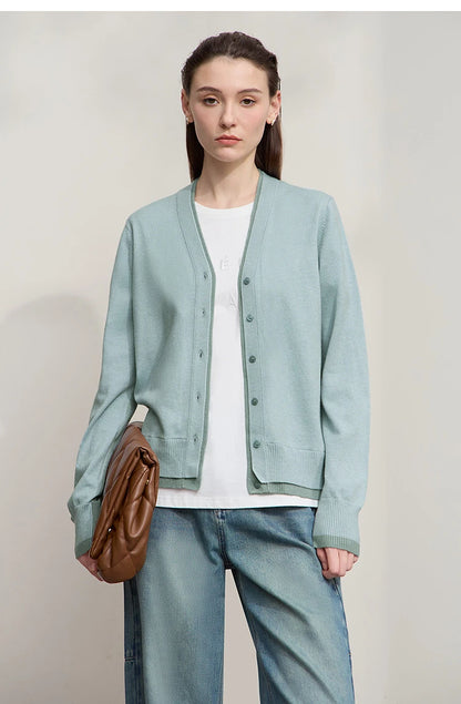 Damen-Strickjacke V-Ausschnitt koreanisch Fake-Zweiteilig Wolle locker Herbst