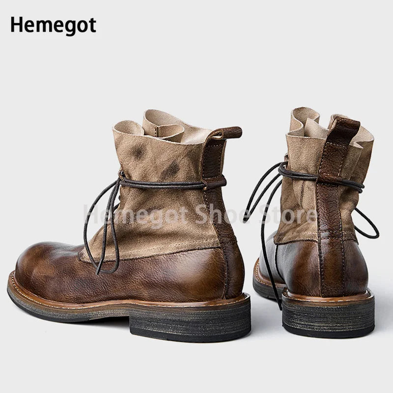 Handgefertigte Schnürstiefel mit rundem Zeh, braunes Leder, seitliche Ansicht