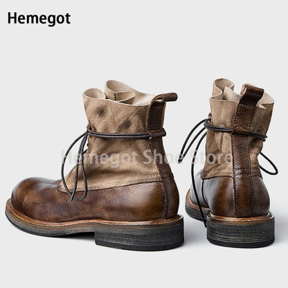 Handgefertigte Schnürstiefel mit rundem Zeh, braunes Leder, seitliche Ansicht