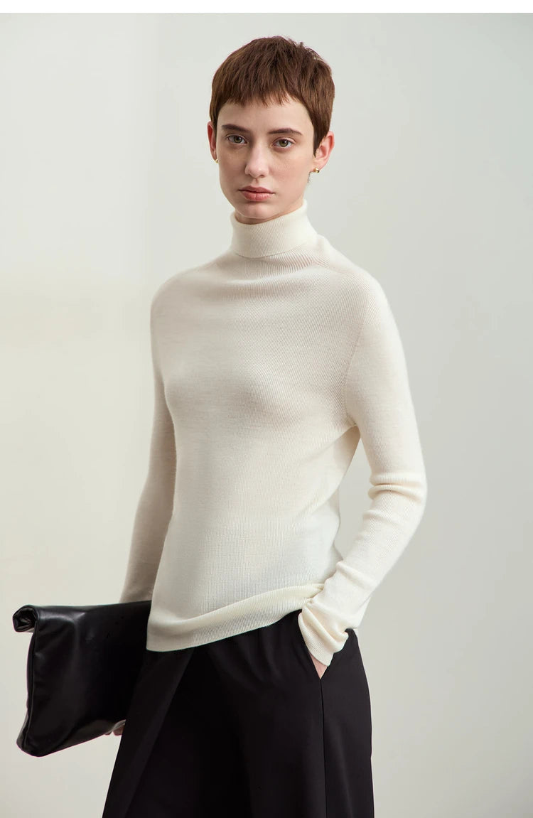 Damen-Rollkragenpullover 100 % Wolle Kammgarn schlank Winter