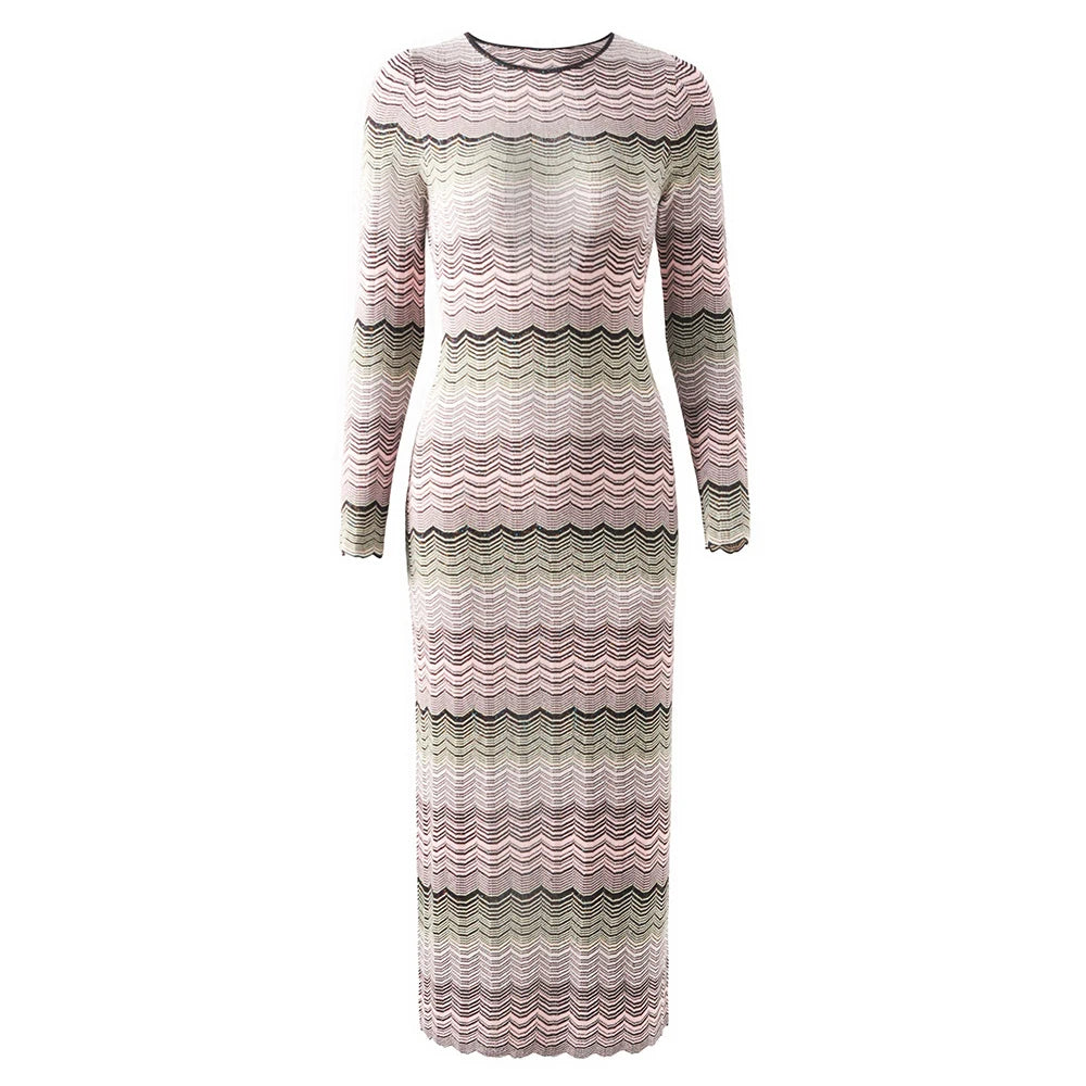Elegantes Damen-Midikleid mit Rundhalsausschnitt und langen Ärmeln im Patchwork-Design mit Diamantenmuster