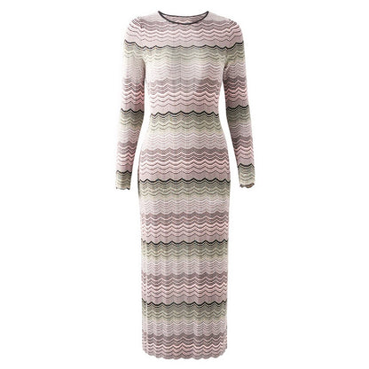 Elegantes Damen-Midikleid mit Rundhalsausschnitt und langen Ärmeln im Patchwork-Design mit Diamantenmuster