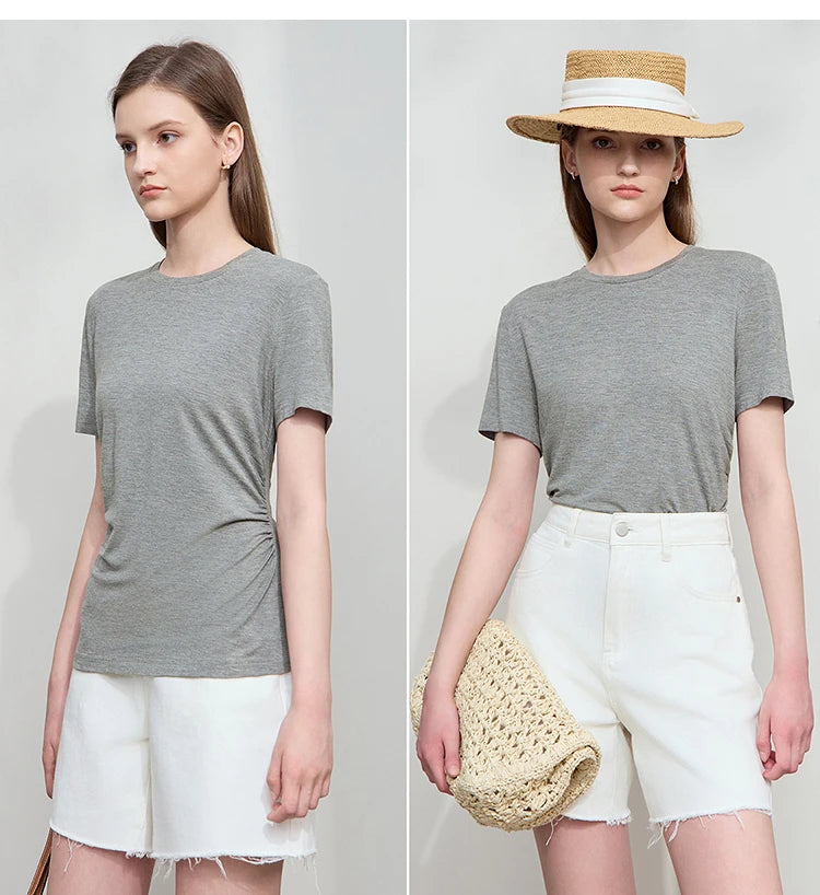 Damen Sommer-T-Shirt im minimalistischen Stil mit schmalem O-Ausschnitt und kurzen Ärmeln