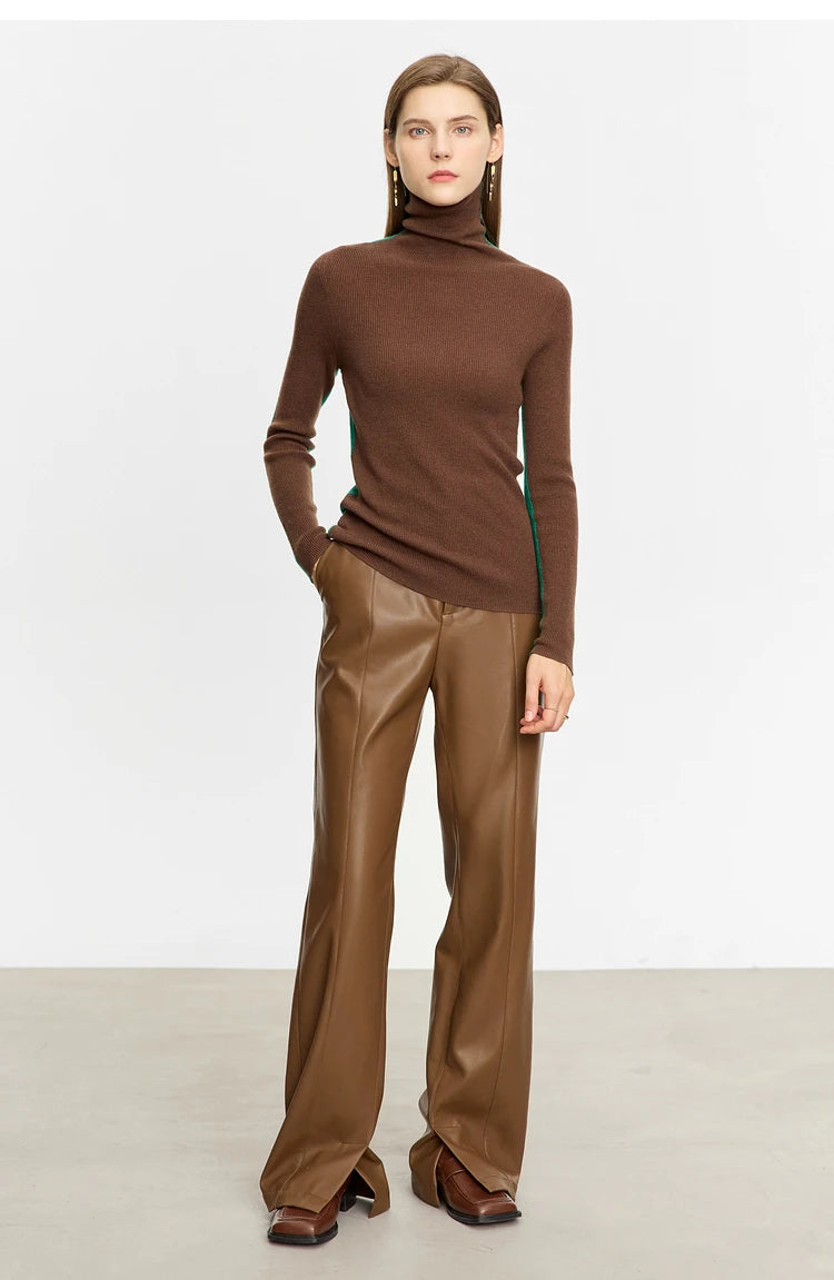 Damen-Rollkragenpullover 100 % Wolle Farbkontrast Slim Fit Frühling