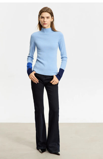 Damen-Halbrollkragen-Pullover Slim Farbkontrast Wolle-Mix Winter