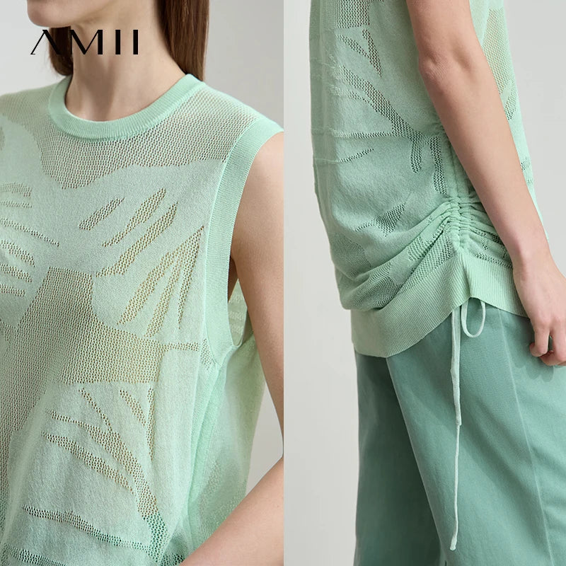 Mintgrünes Tanktop/Strickweste mit O-Ausschnitt, seitlicher Kordel am Saum
