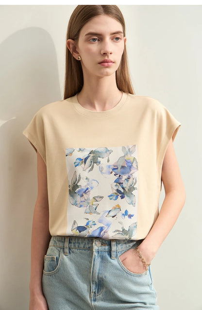 Damen T-Shirts im Minimalismus-Stil mit lässigem O-Neck und Blumen-Druck