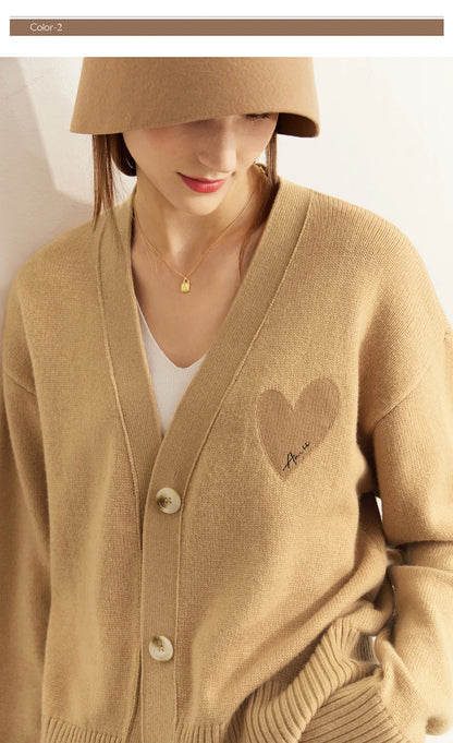Damen-Strickjacke V-Ausschnitt Wollstickerei locker romantisch Winter