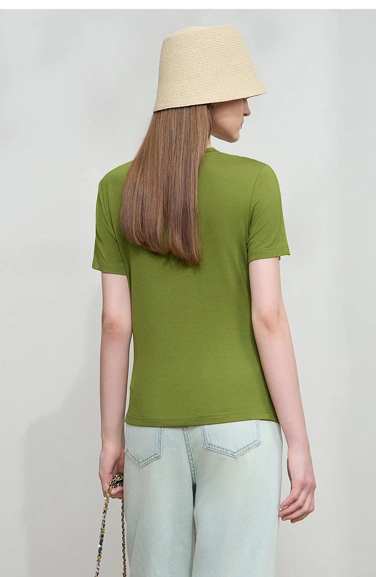 Damen Sommer-T-Shirt im minimalistischen Stil mit schmalem O-Ausschnitt und kurzen Ärmeln