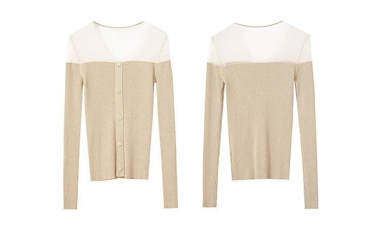 Damen V-Ausschnitt Pullover Viskose Mesh Organza Slim Frühling