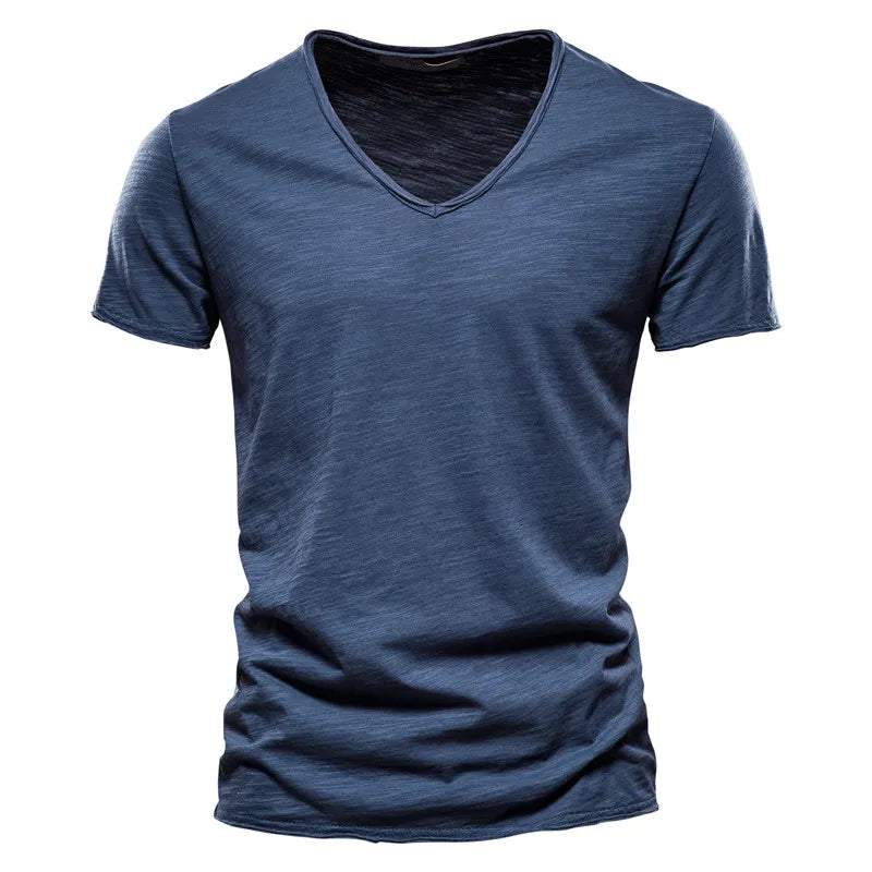 Herren-T-Shirt, kurzarm, V-Ausschnitt, jeansblau, Slim Fit, einfarbig