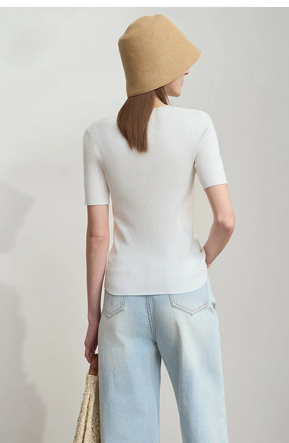 Damen-Rundhalspullover Lyocell Slim Kurzarm figurschmeichelnd Sommer