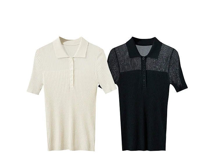 Damen Strickoberteil mit Revers und halber Knopfleiste für den Sommer