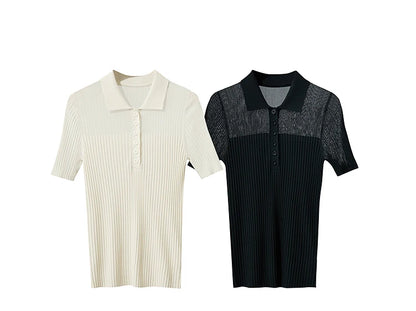 Damen Strickoberteil mit Revers und halber Knopfleiste für den Sommer