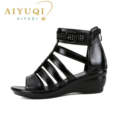 AIYUQI frauen sandalen 2025, sommer neue frauen echtes leder sandalen große größe 41 42 43 strass Römischen sandalen damen mutter