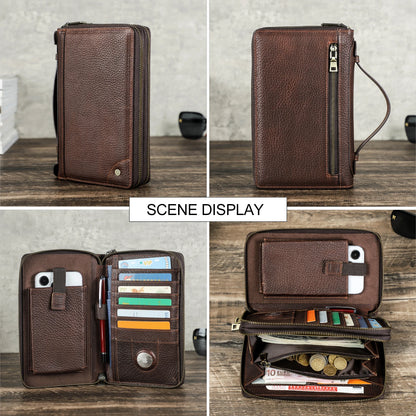 Braune Leder-Clutch, hochkant mit Reißverschluss und kleinem Druckknopf unten