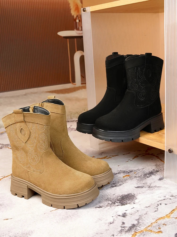 AIYUQI Western Cowboy Boots Women 2025 New Genuine Leather Winter Shoes Boots Women Short Tube Fashion Women's Snow Boots