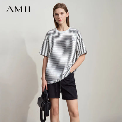 Damen T-Shirt aus reiner Baumwolle mit lässigem Streifenmuster und kurzen Ärmeln