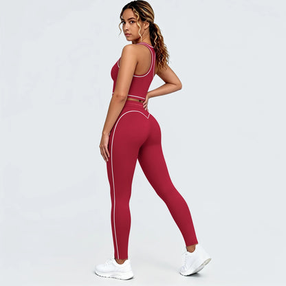 Yoga-Set in Rot: Sport-BH mit Brustpolstern, Leggings mit Kontraststreifen