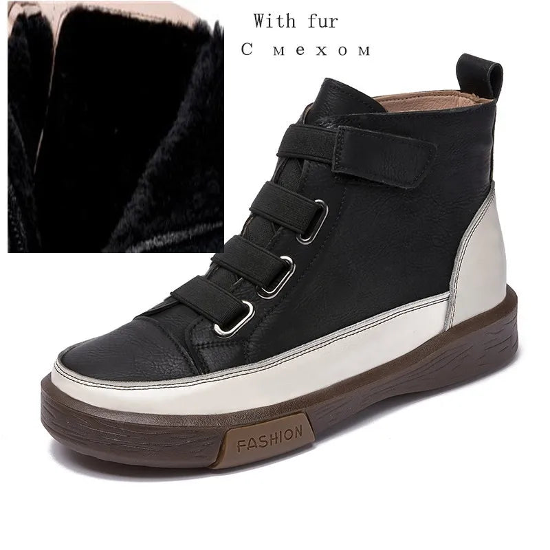 Damen-Winterstiefel-Ankle-Boots, schwarzes Leder, mit Schnallenriemen und flacher Sohle
