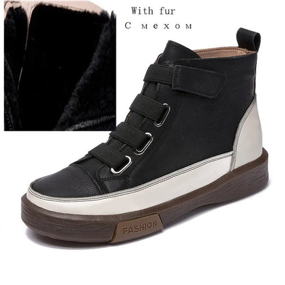 Damen-Winterstiefel-Ankle-Boots, schwarzes Leder, mit Schnallenriemen und flacher Sohle