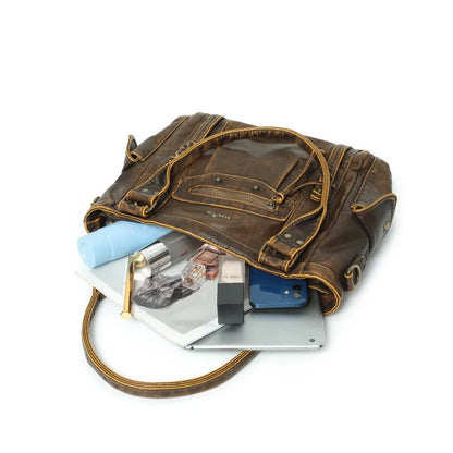 Damen-Schultertasche aus PU mit Mehrfachfächern Bronze Vintage Look Geräumige Innentaschen