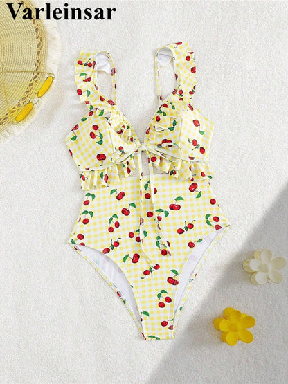 Damen Badeanzug Kirschen Karo Cut-Out Rüschen hoher Beinausschnitt Monokini