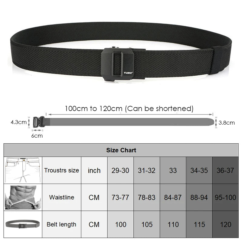 Unisex-Gürtel aus elastischem Nylon mit mattschwarzer Schnalle in 38 mm Breite und Tragekomfort
