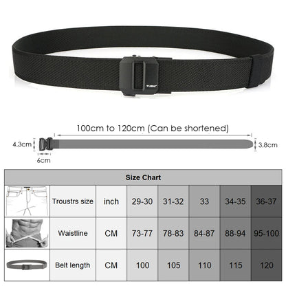 Unisex-Gürtel aus elastischem Nylon mit mattschwarzer Schnalle in 38 mm Breite und Tragekomfort