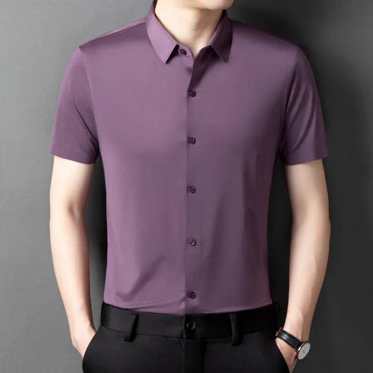 Herren-Hemd mit Vier-Wege-Stretch, Farbblock-Diamantmuster und Knopfleiste – ideal für Business-Casual und formelle Anlässe.
