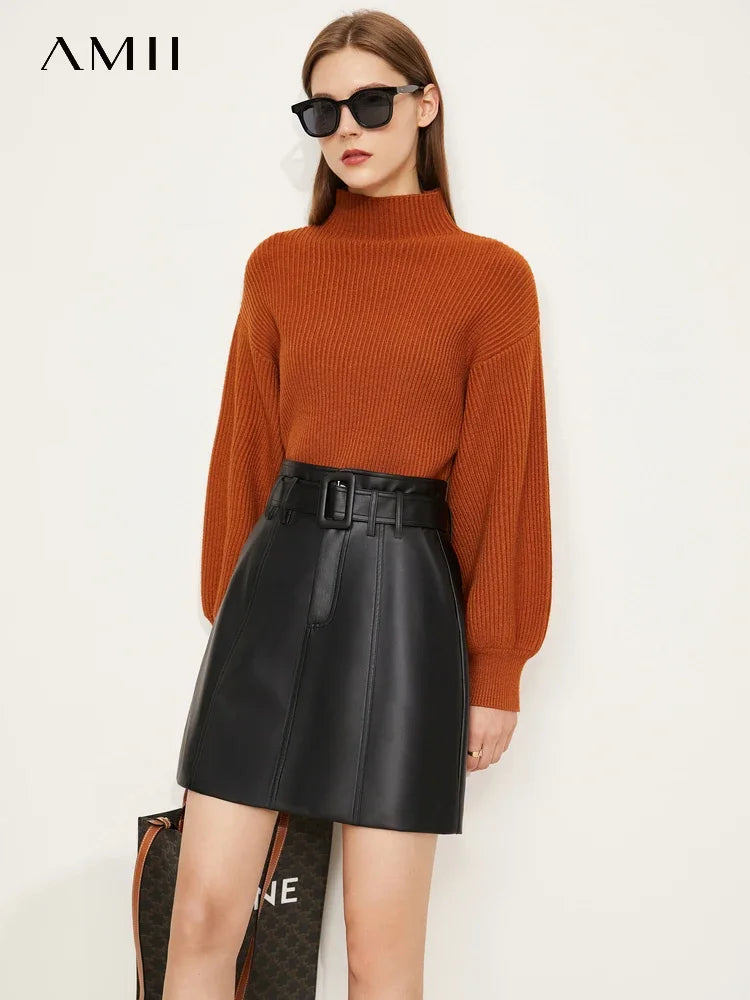 Kupferoranger Damen-Strickpullover mit Stehkragen und langen Ärmeln