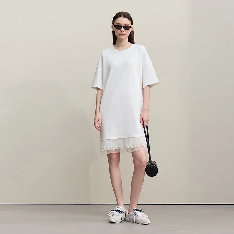 Elegant Damen Midi Kleid Aus Baumwolle Mit Spitze Und Schultereinschnitt