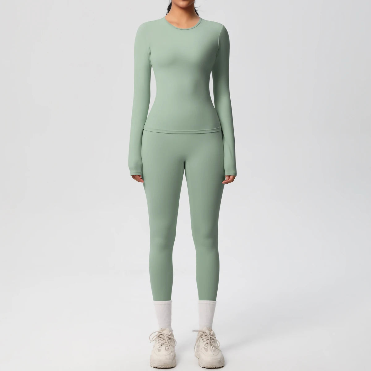 Gym-Leggings-Set, langarm, hellgrün, Hosenbeine mit Bündchen und glatter Front