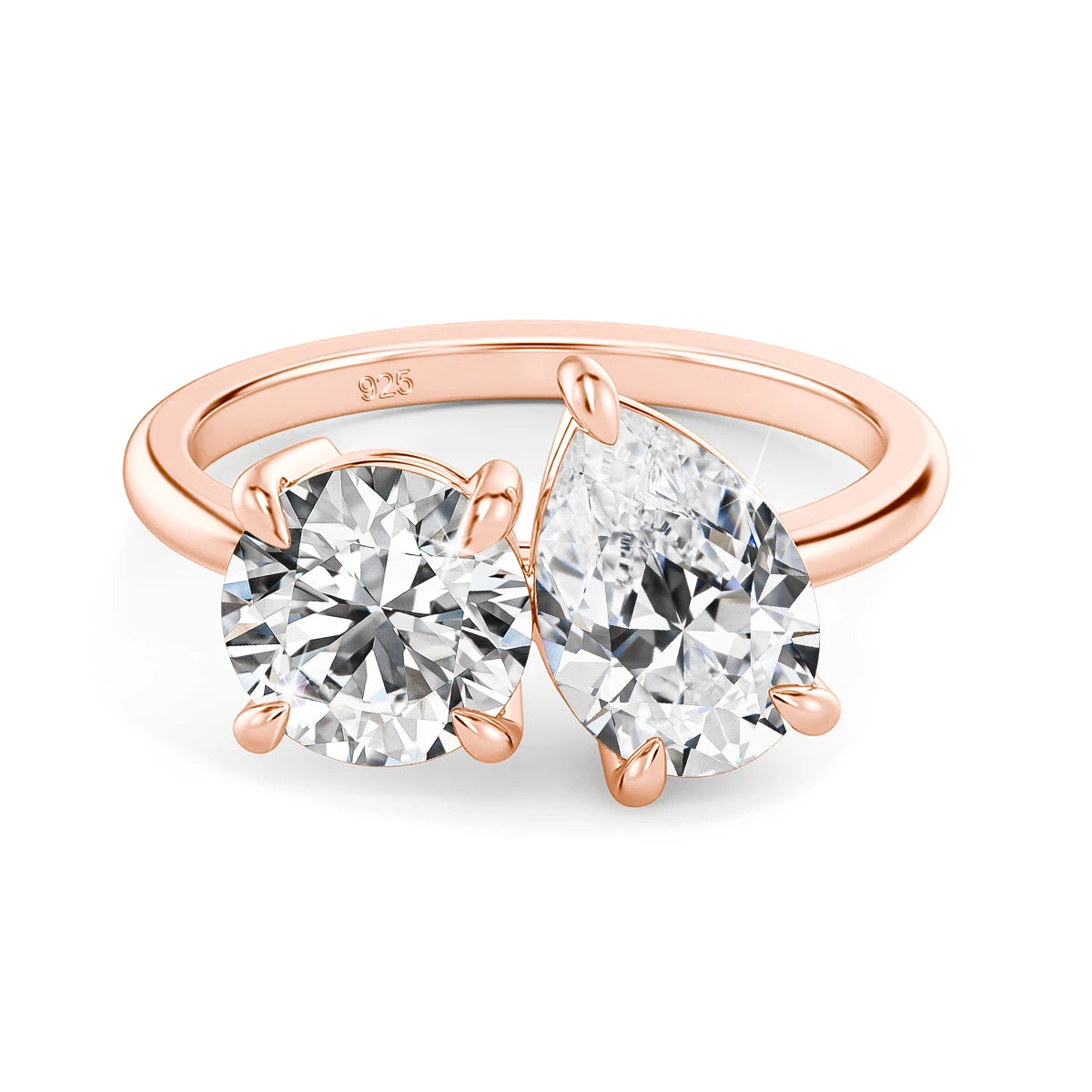 Damen-Verlobungsring mit zwei Moissanit-Steinen aus Silber 925 und 18K-Goldplattierung
