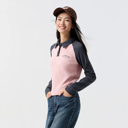 Semir Poloshirt für Damen, kurzer Stil, schmal, farbblockiert, Raglanärmel, 2024, Frühjahr, neues Oberteil mit Buchstabendruck