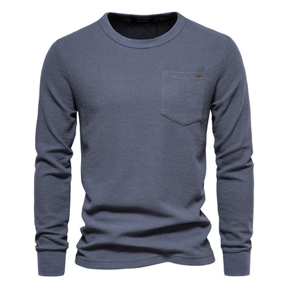 Herren-T-Shirt aus Waffel-Baumwolle mit langen Ärmeln – einfarbiges Einzeltaschen-Design, atmungsaktives Herbst-Basic-Oberteil für lässige Outfits