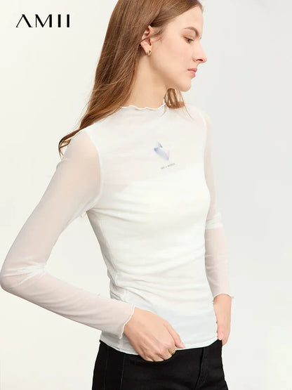 Damen T-Shirt aus gedrucktem Mesh mit slim-fit Halb Stehkragen