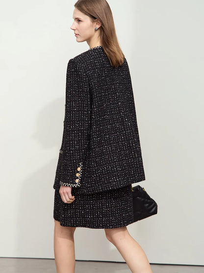 Damen eleganter Tweed-Wollmantel mit Schulterpolstern und lockerer Passform