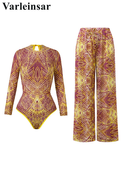 Damen Badeanzug Blumen Print Langarm mit Hose Einteiler Schwimmanzug
