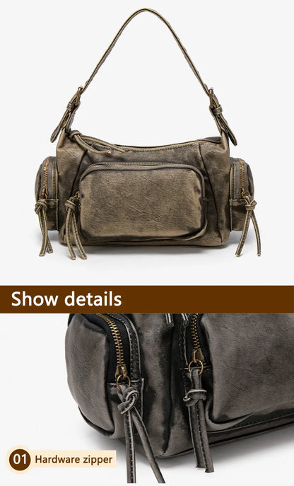 Damen-Hobo-Tasche aus Leder im Vintage-Look mit Mehrfach-Fächern und Tassel-Reißverschluss Alltagsbegleiter