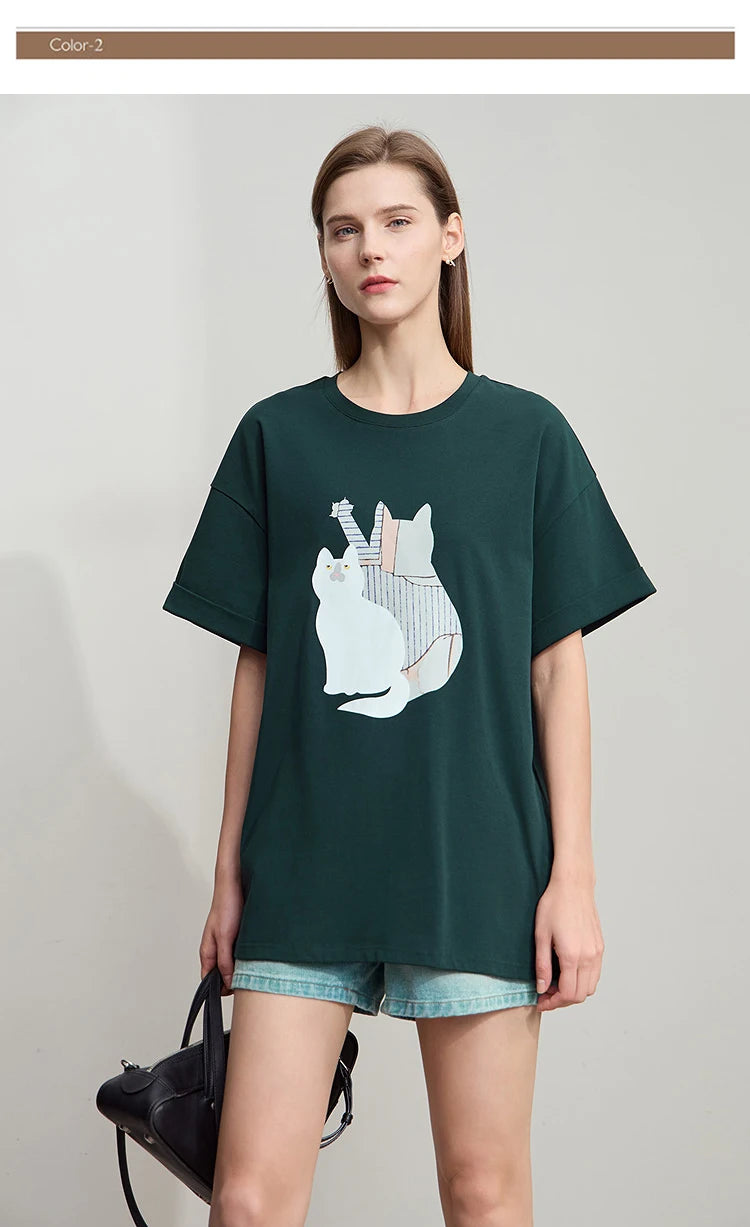 Damen Top im minimalistischen Stil mit O-Ausschnitt und bedrucktem Design