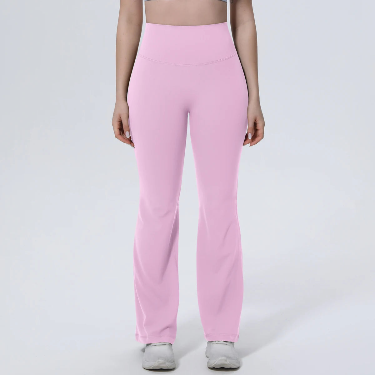 High-Waist Yoga-Leggings, hellrosa, lange Schlaghose mit breitem Bund vorn