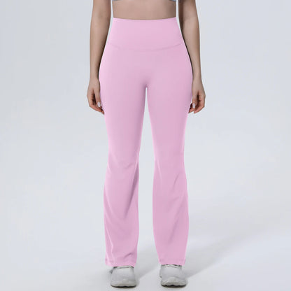 High-Waist Yoga-Leggings, hellrosa, lange Schlaghose mit breitem Bund vorn