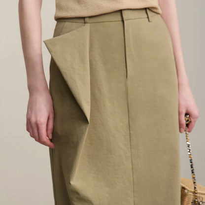 Damen-Midi-Rock in Oliv mit asymmetrischem Panel und seitlichen Nähten