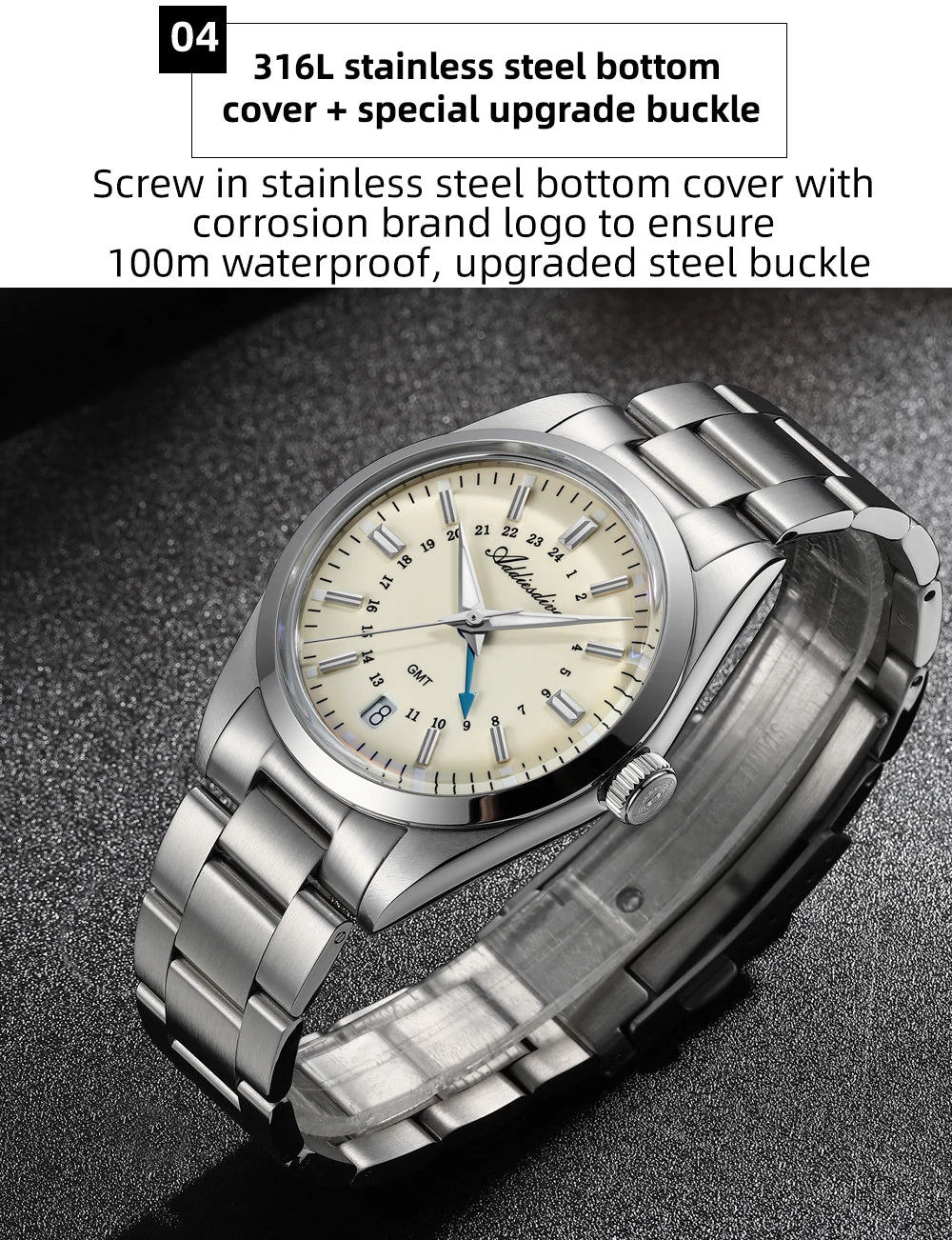 Herren-GMT-Quarzuhr mit Ronda-Werk und Bubble-Glas