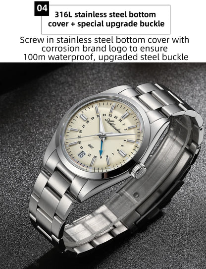 Herren-GMT-Quarzuhr mit Ronda-Werk und Bubble-Glas