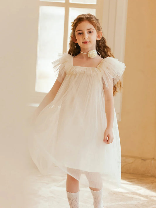 Beiges Sommerkleid für Mädchen im französischen Prinzessinnenstil mit kurzen Ärmeln – ideal für Geburtstagsfeiern und Hochzeiten, geeignet für Kinder von 110 cm bis 170 cm