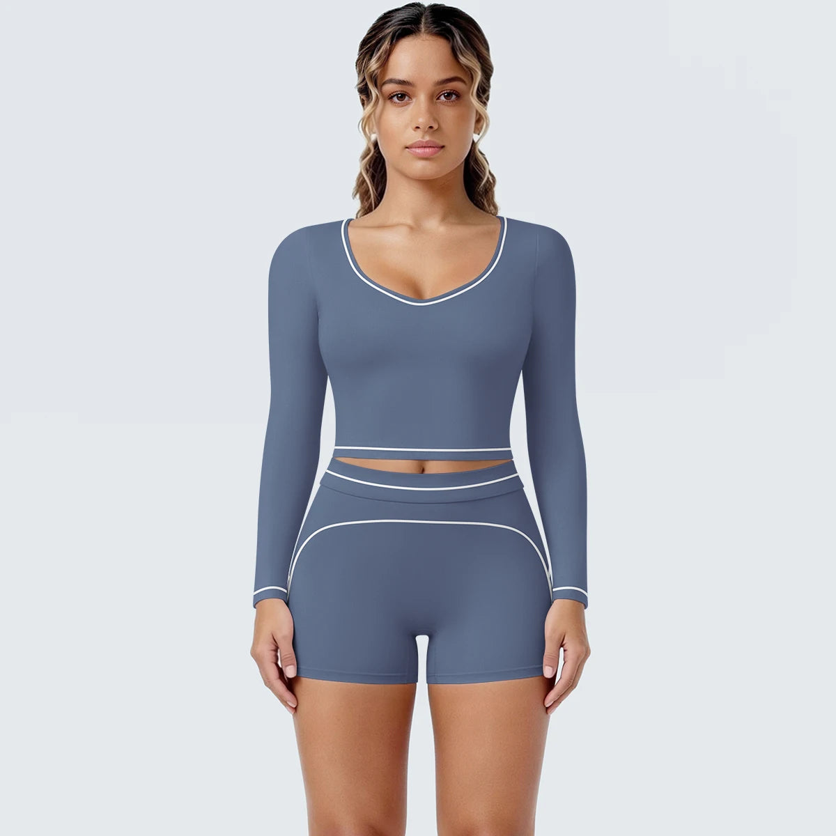 Damen-Yoga-Set mit langarmem Top und Shorts, blaugrau, Kontrastnähte