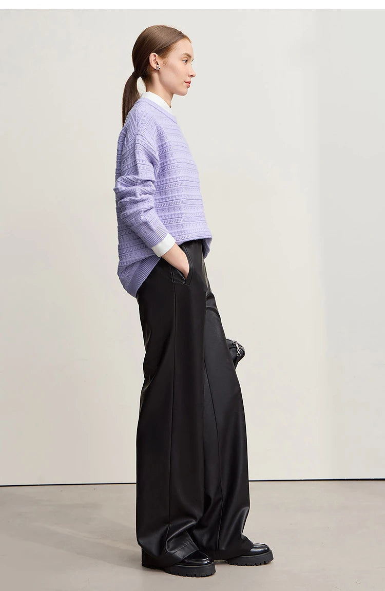 Lässiger Damen-Pullover Helllila mit Rundhalsausschnitt, Strickmuster, lange Ärmel